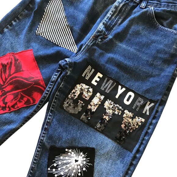 Patchwork Jeans for Women, Size 6: Upcycled New York Theme Sequined Denim Pants - Picture 5 of 11
